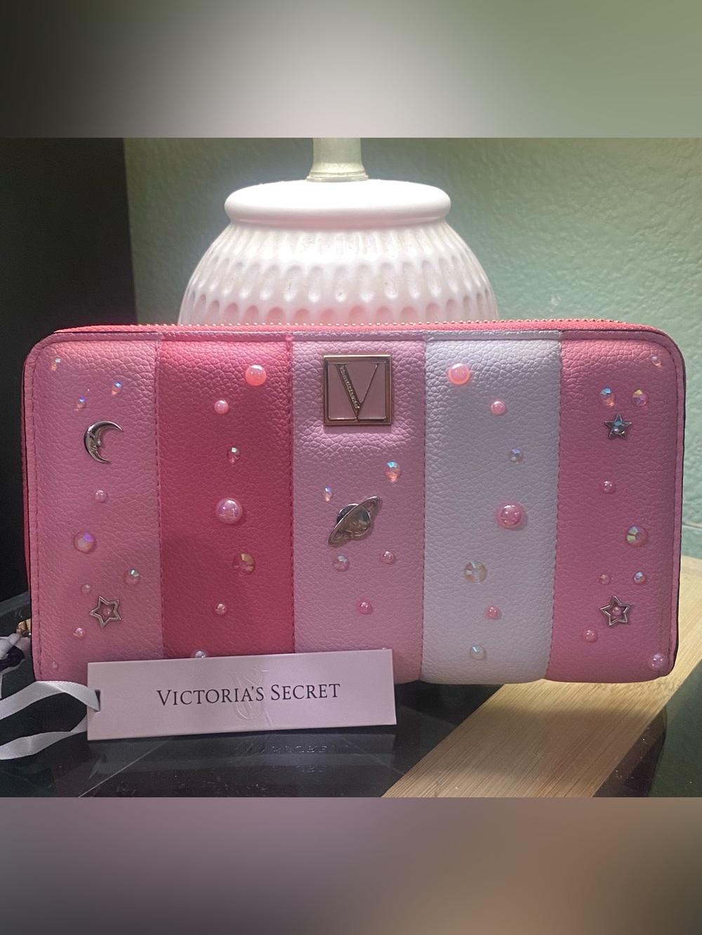 Victoria's Secret Pink & White Striped Zip Wallet with Gem and Celestial Accents - Picture 2 of 3
